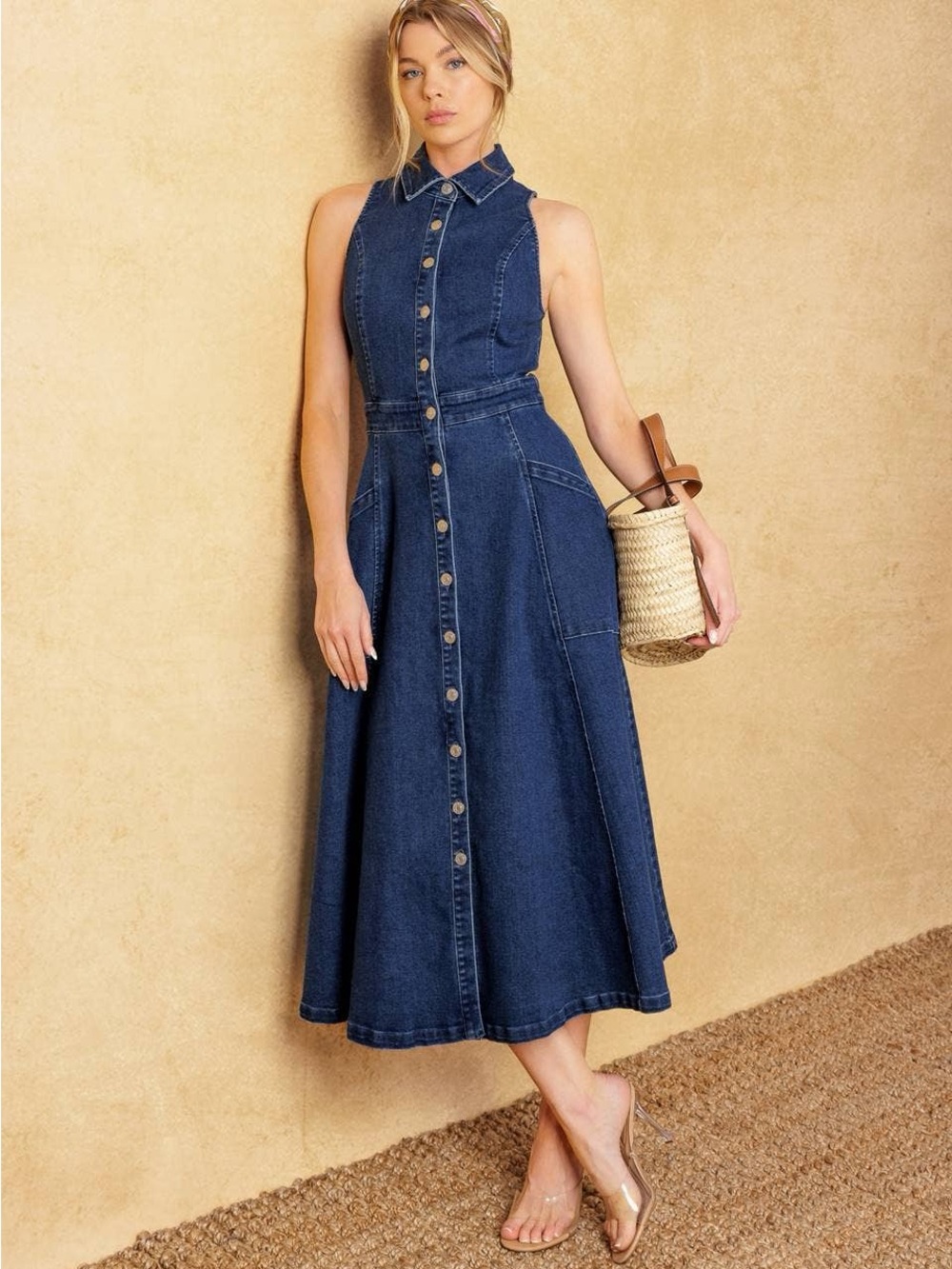 Sleeveless Dark Blue Denim Button-Front Midi Dress